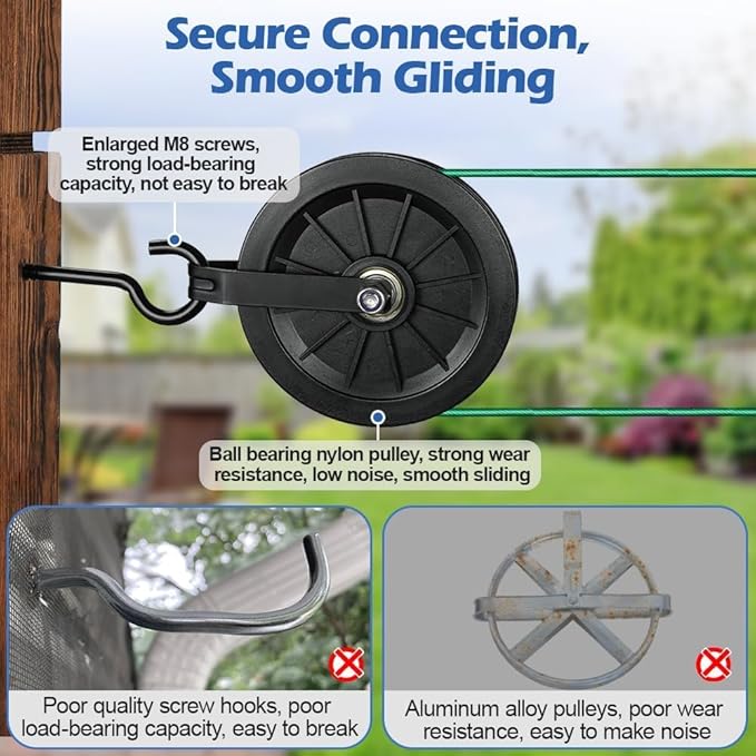 Outdoor Clothesline Kit, 150ft Green PVC Coated Galvanized Clothes Line Pulley Kit with 6.3" Clothesline Pulley, M8 Metal Hooks, 3Pcs Separator, Outdoor Clothes Line Heavy Duty