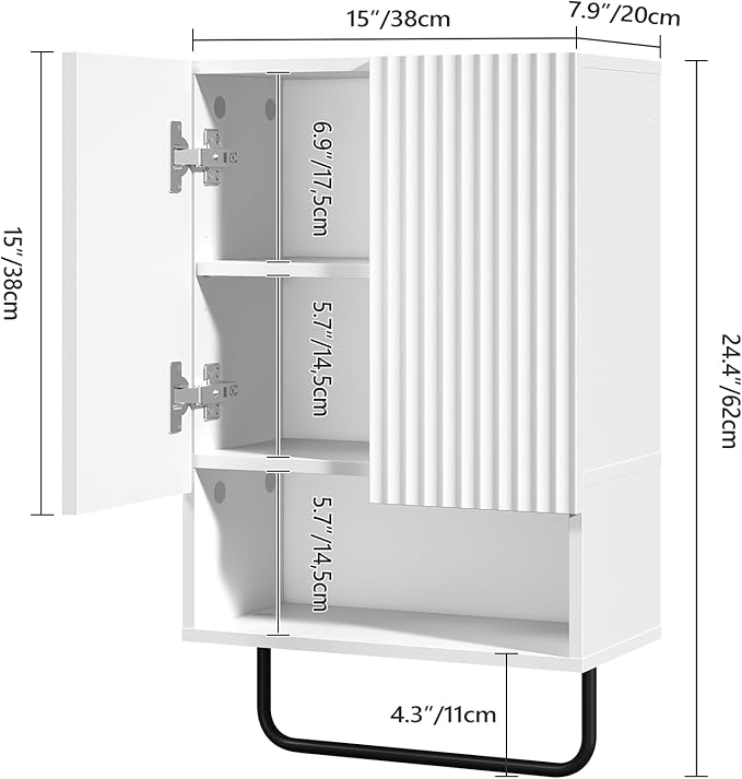Bathroom Wall Cabinet, Wall Mounted Medicine Cabinets with Towel Bar & Adjustable Shelf, Over The Toilet Space Saver Storage Cabinet with 2 Doors, for Bathroom Laundry Room Kitchen, White