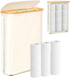GARPROVM Toilet Paper Storage Basket with Lid, Slim Free Standing Toilet Roll Storage Holder Stand with See Through Window, Holds up to 20 Regular Rolls or 12 Mega Rolls Bathroom Organizer, Beige
