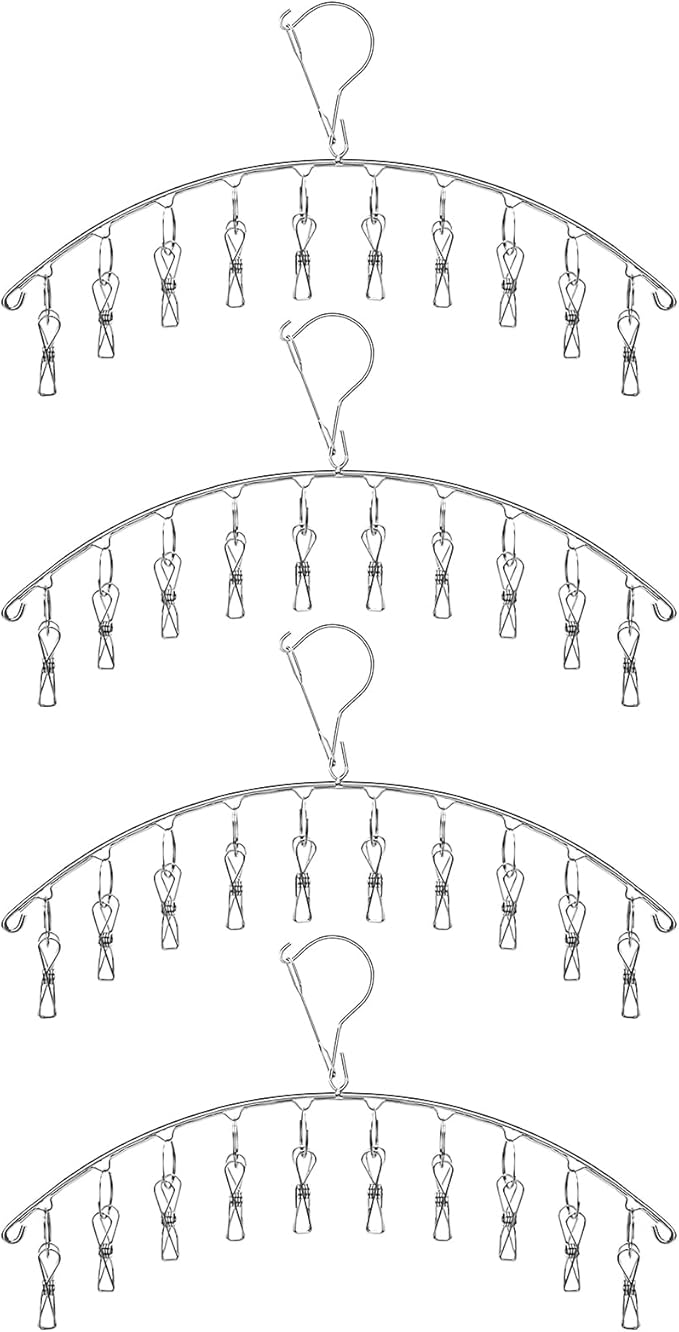 Toplife Clothes Hanger with 10 Clips, Stainless Steel, Windproof, for Drying Socks, Bras, Underwears, Baby Clothes, Hats, Scarfs, Towels, Pants and Gloves, Set of 4 (Outdoors)