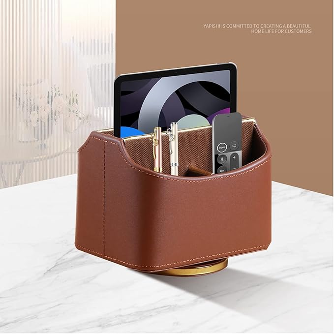 Remote Control Holder, Swivel Desk Organizer and Accessories Decorations for Living Room, PU Leather Room Decor Aesthtic, Bedside Table Organizer Remotes Caddy for TV Controllers/ Stationery