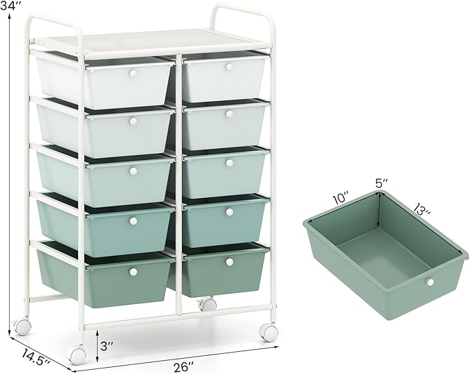 RELAX4LIFE Rolling Storage Cart with 10 Drawers - Craft Storage Cart w/Lockable Wheels, Utility Cart, Art Cart Organizer for School Studio Office Home, Utility Cart on Wheels (Gradient Green)