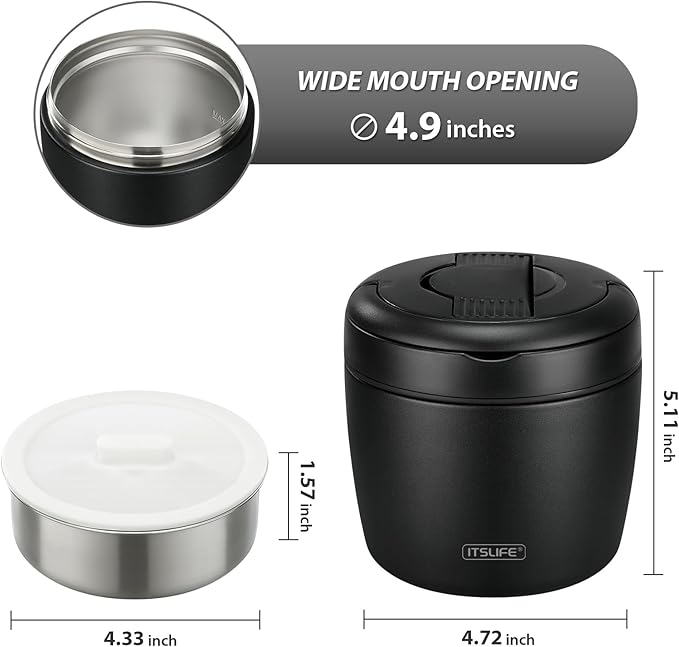 Itslife 32oz Insulated Soup Thermos, Vacuum Stainless Steel Food Jar for Hot & Cold Food, Leakproof Wide Mouth Lunch Container with Spoon, Black