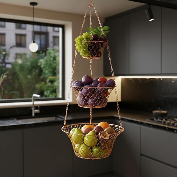 Hanging Fruit Basket – 3 Tier Hanging Baskets for Kitchen – Heavy Duty Wire Fruit and Vegetable Basket with Hooks, Copper Finish 32 Inches Kitchen Organizer, Storage Rack, Durable Iron