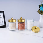 SheeChung 3-Pack Glass Apothecary Jars with Acrylic Vanity Tray - Bathroom Organizer Set for Qtip, Cotton Ball, Floss Picks - Luxury Style Bathroom Accessories Storage Canister（Gold)