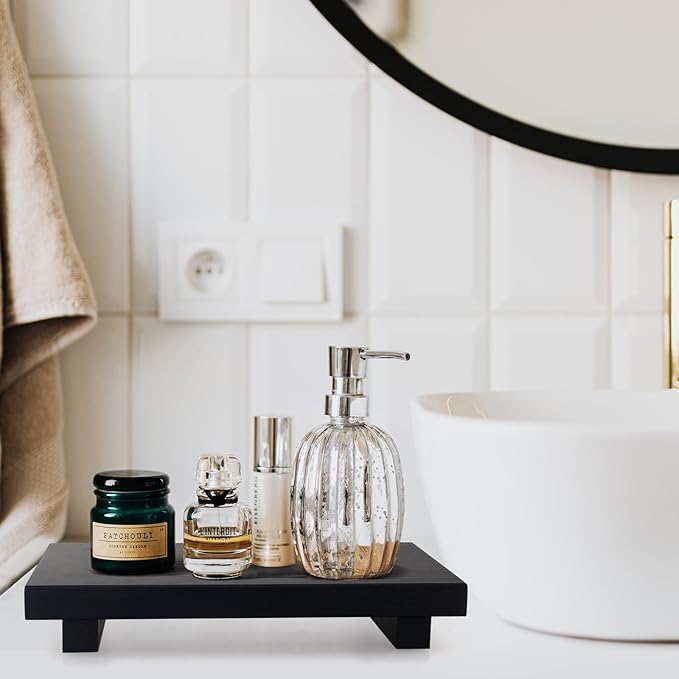 Black Bathroom Vanity Counter Tray Decor Farmhouse Wood Risers Kitchen Soap Sink Tray for Countertop Decorative Hand Soap Dispenser Holder Wooden Pedestal Stand Modern Bathroom Organizer Accessories