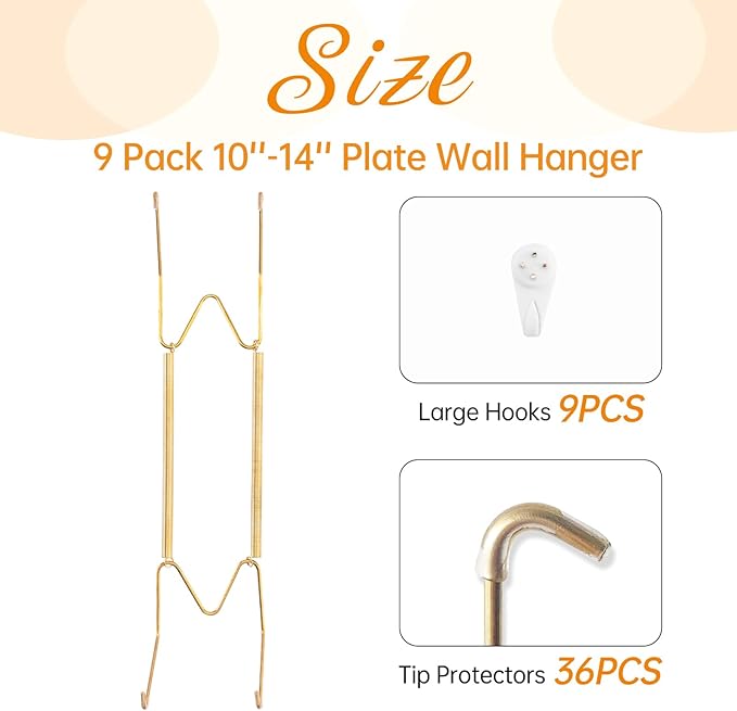 Bilillo 9 Pack Plate Hangers for Wall, Suitable for 10-14 Inch Decorative Plates, Invisible Stainless Steel Heavy Duty Wire Holders with Springs and 9 Pcs Wall Hooks for Displaying Dishes and Platters