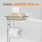 TreeLen Toilet Paper Holder Stand Toilet Tissue Roll Holder with Shelf for Bathroom Storage Holds Phone/ Wipe/ Mega Rolls-Shiny Chrome