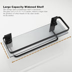 VOLPONE Glass Shelf for Bathroom 15.7 in Black Bathroom Shelves Wall Mounted Tempered Glass Shelving with 2 Removable Hooks (1 Tier)