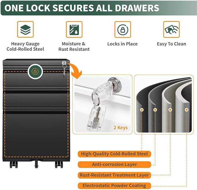 3 Drawer File Cabinet with Lock,Under Desk Rolling Small Filing Cabinet for Home Office Storage,Mobile Steel Cabinets with Wheels,Fully Assembled,Black