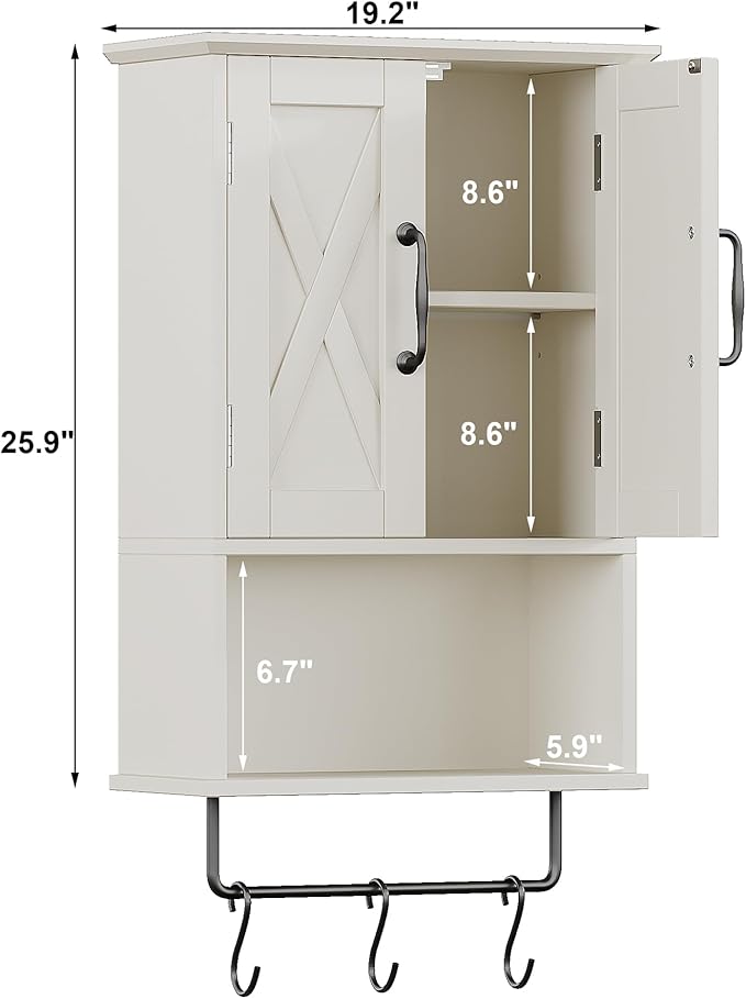 ChooChoo Farmhouse Medicine Cabinet, Bathroom Wall Cabinet with Adjustable Shelf, Towel Bar, 3 Hooks, Over The Toilet Storage Cabinet for Bathroom, Kitchen, 19.3''L, White