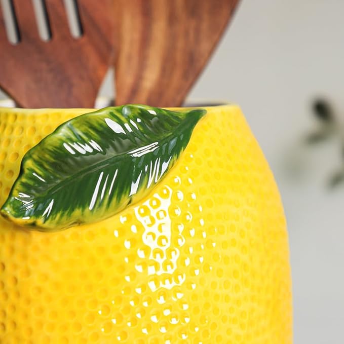 WAIT FLY Embossed Lemon Porcelain Kitchen Utensil Holder Flatware Storage Organizer Utensil Crock for Countertop Kitchen Counter Decor