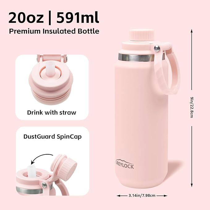 Greylock 20 oz Insulated Water Bottle with Straw Lid, Reusable Stainless Steel Sports Water Bottles with Foldable Handle, Leak Proof, Double-Wall Vacuum Insulation, 24 Hours Cold (Light Pink)