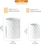 2 Pack Metal Utensil Holder for Kitchen Counter, 7.3"+5.4" Large Cooking Utensil Organizer Honeycomb Pattern Embossed Utensil Caddy for Party Cutlery Tool Holder Storage, White