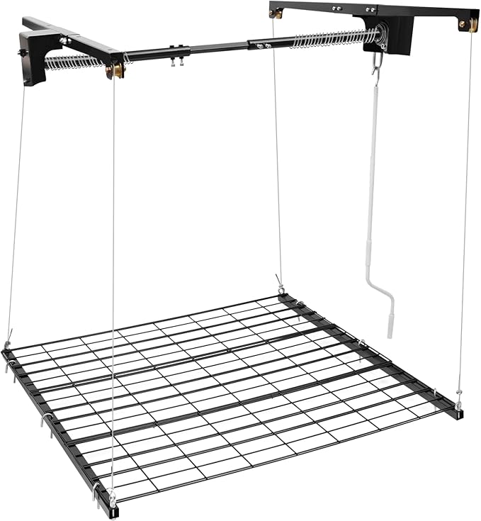 Garage Ceiling Storage Racks, 4x4 FT Garage Ceiling Lift Storage Rack, Lifting 79" Height, Minimum Space 6x6 FT for Overhead Garages Storage Lifting Organization System(300LBS, Satin Black)