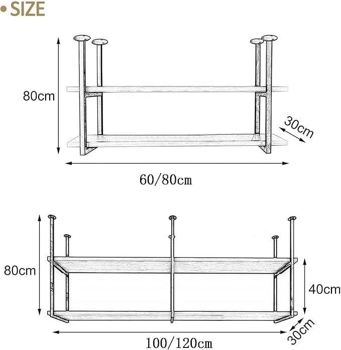2 Tier Ceiling Hanging Wine Glass Holder, Industrial Ceiling Shelf Hanging Shelf, Ceiling Mounted Storage Rack Floating Hanging Metal Wine Rack for Restaurant, Bar, Cafe ( Size : 60*30*80cm )