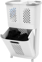 2-Tier Rolling Laundry Hamper Sorter, Portable Laundry Basket Cart with Wheels and Handle, Detachable Rolling Laundry Basket 3 Section, Laundry Sorter for Bathroom, Bedroom