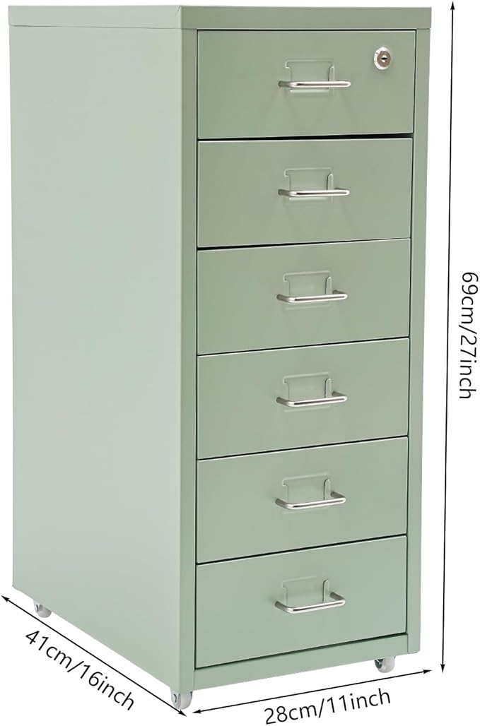 6 Drawer File Cabinet with Lock, Metal Vertical Office Filing Cabinets, Home Office Narrow Storage Cabinet for A4/F4/Letter/Legal (Green)