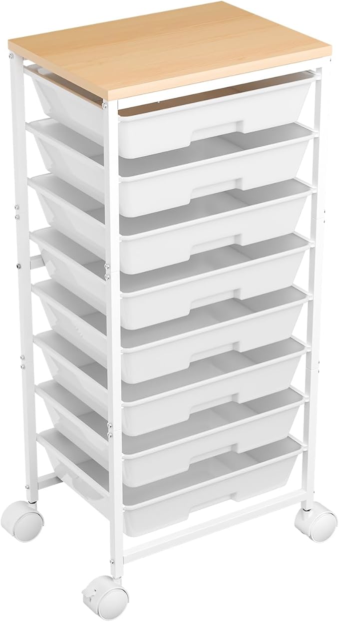 Rolling Cart with 8 Drawers, Storage Drawers Cart with Wooden Tabletop and Lockable Wheels, Utility Cart for Living Room, Office, Classroom, Craft Room, White