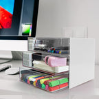 Desk Organizer with Drawer, Desk Storage Box, Plastic Office Stationery Supplies Organizers, Desktop Organizer for Office School Home (3 drawer, White)