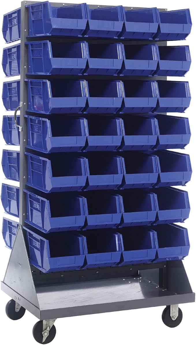 Quantum Storage Systems QMD-36H-240BL Mobile Double Sided Gray Louvered Rack System with Bins, 36” L x 25” W 72” H, Blue