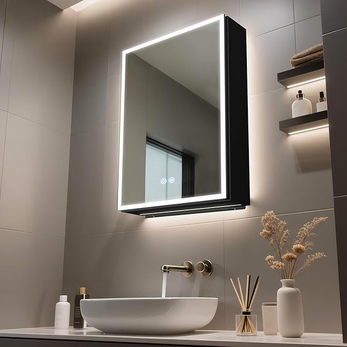 Lighted Medicine Cabinet with Mirror, 20 x 28 inch LED Bathroom Cabinet with Anti-Fog, Dimmable 3 Colors Front & Bottom Light, Buit-in Sockets & USBs, 2 Shelves, Plug-in or Hardwired