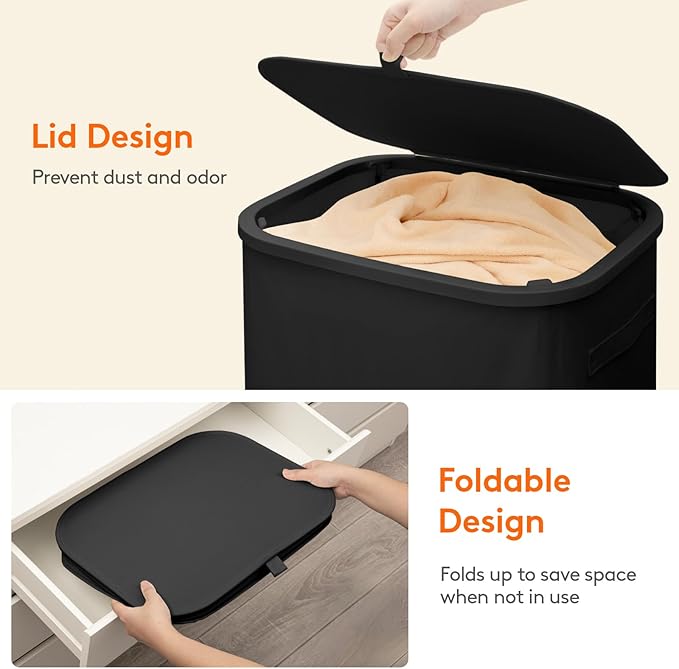 Lifewit 105L Plastic Laundry Basket with Lid, Large Clothes Hamper with Wheels and Removable Bag, Tall Collapsible Rolling Storage Bin for Dorm Bedroom Bathroom, Black