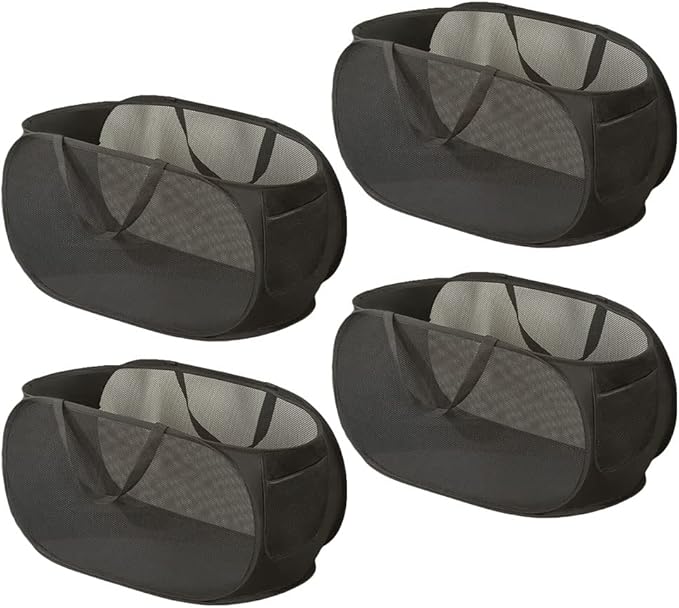 4 Piece Popup Mesh Laundry Basket Durable Handles Collapsible Laundry Baskets Folding Clothes Pastic Hamper for Laundry Room College Dorm (Black)
