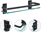 AIJALY 3 Pack Bathroom Glass Shelf,Aluminum Tempered Glass 0.34in Extra Thick Rectangular 1 Tier Storage Organizer Wall Mount,Black 15.7in