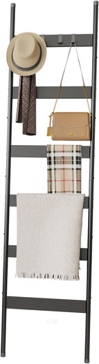 Blanket Ladder, 6-Tier Towel Holder with 4 Removable Hooks, Farmhouse Wall Leaning Decorative Rack Shelf, Wooden Towel Display Rack, Quilt Ladder for Living Room, Bedroom, Black