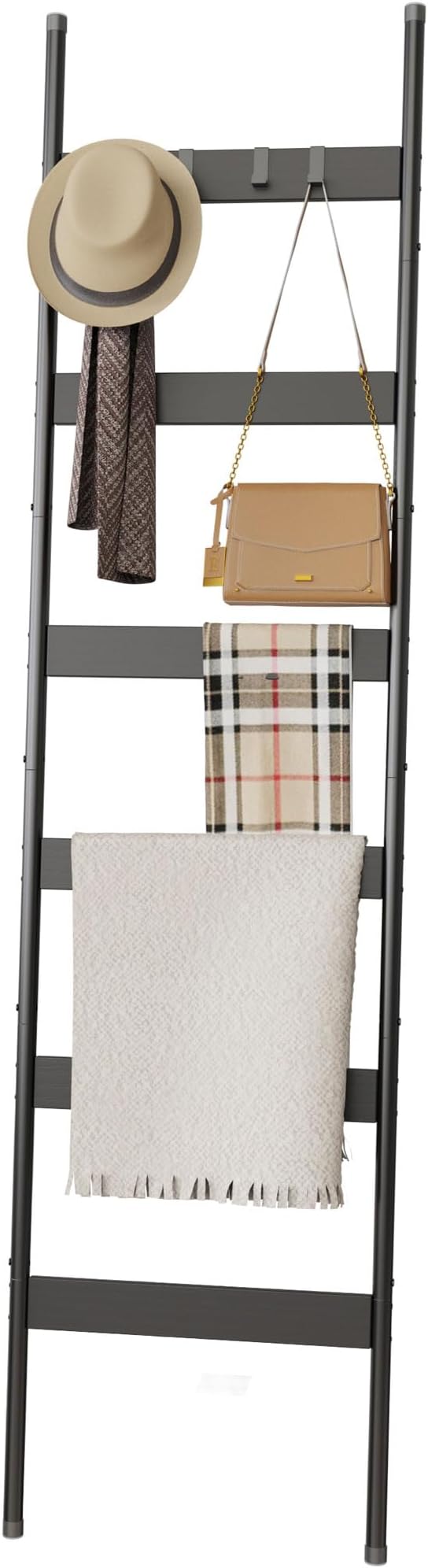 Blanket Ladder, 6-Tier Towel Holder with 4 Removable Hooks, Farmhouse Wall Leaning Decorative Rack Shelf, Wooden Towel Display Rack, Quilt Ladder for Living Room, Bedroom, Black