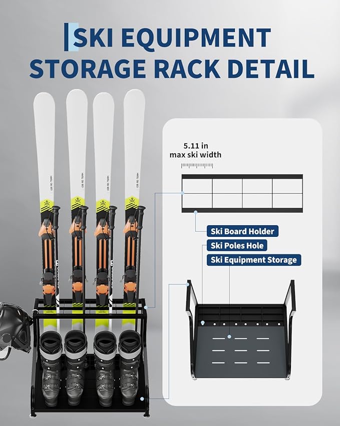 Ski Storage Rack, 23" x 19" x 16", Heavy Duty Freestanding Steel Ski Organizer for 4-Pair Skis, Boots, Poles, Helmet & Goggles, Floor Stand Skis Holder for Garage, Basement & Mudroom