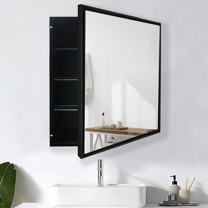 Bathroom Medicine Cabinet with MirrorSurface Mount Vanity Mirror Cabinet, Single Door Cabinet Famerhouse Bathroom with Storage (Brush Black, 24x24 Inch)