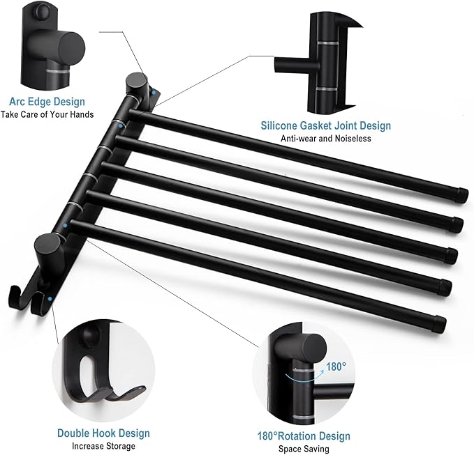 Matte Black 6 - Arm Stainless Steel Swivel Towel Rack with Hook: Wall - Mounted, Rustproof Space - Saver for Bathroom & Kitchen - 180° Rotation, 14kg Capacity