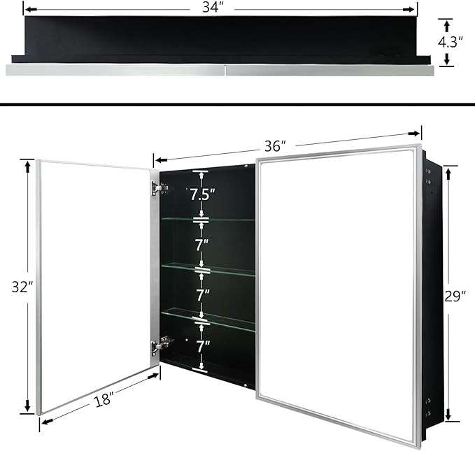 Medicine Cabinet with Aluminum Framed Mirror,36"x32" Surface Mount or Recessed Mount Bathroom Vanity Mirror,Single Door Bathroom Mirror with Storage Cabinet