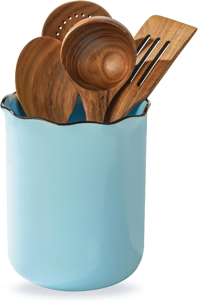 Onniyor Ceramic Kitchen Utensil Holder for Countertop, 7.4 Inch Large Cooking Utensil Crock for Spatulas, Spoons & Tools, Modern Farmhouse Organizer, Multi-Purpose Counter Decor, Easy to Clean, Blue