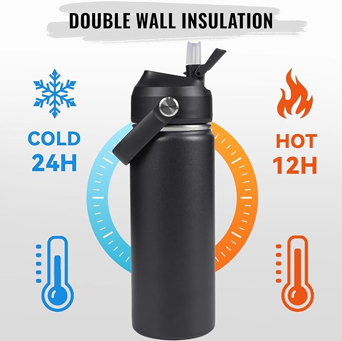 18oz Insulated Stainless Steel Water Bottle, Wide Mouth Double Wall Vacuum, Silicone Straw, Sweat & Leak Proof, BPA Free Insulated Water Flask for Travel, Keep Cold 24h Hot 12h, Black