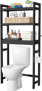 Homykic Bamboo Over The Toilet Storage Shelf, 3-Tier Above Toilet Storage Organizer Rack with 3 Hooks, Freestanding Bathroom Tower Shelf Unit for Small Space, No Rust, Easy to Assemble, Black