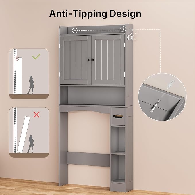 Ahomly Over The Toilet Storage Cabinet, 32.3" W Over Toilet Bathroom Organizer with Doors, Adjustable Shelves, Toilet Paper Holder, 2 Side Hooks, Space-Saver for Bathroom, Laundry, Grey