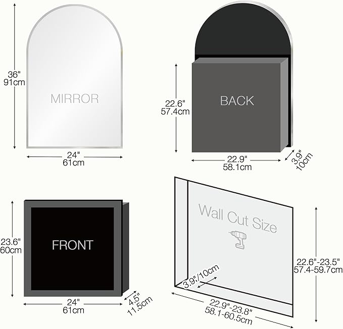 Arched Medicine Cabinet Mirror No Assembly Needed Bathroom Mirror with Storage Recessed or Surface Mount Options (Silver, 36" L x 24" W)