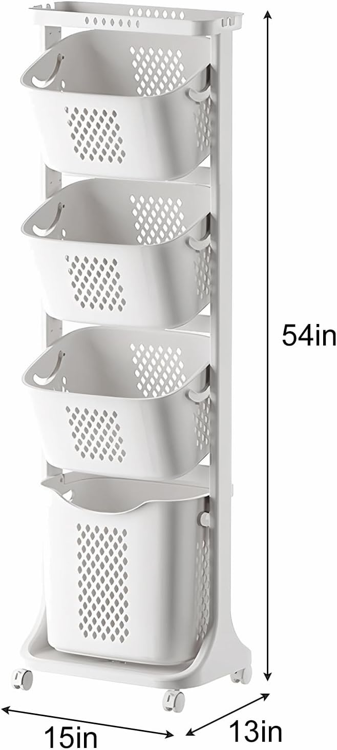 4-Tier Vertical Laundry Hamper Sorter, Laundry Storage Organizer with Wheels Removable Rolling Laundry Baskets, Bathroom Cart for Dirty Clothes (White) (4-Tier)