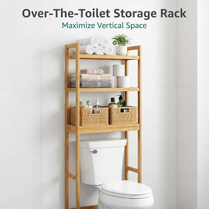 Over the Toilet Storage, 3-Tier Bamboo Bathroom Organizer with Adjustable Shelf, Space-Saving Rack, 66.9" Tall (White)