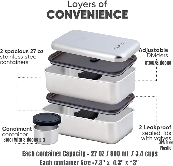 Leak Proof Stainless Steel Bento Box, Stainless Steel Lunch Box For Adults, Metal Bento Box, Japanese Lunch Container, Large With Compartment, Korean Bentobox, Non Toxic, Microwave Safe