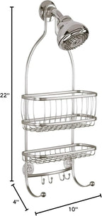 iDesign York Metal Wire Hanging Shower Caddy, Extra Wide Space for Shampoo, Conditioner, and Soap with Hooks for Razors, Towels, and More, 9.75" x 4" x 22", Satin Silver
