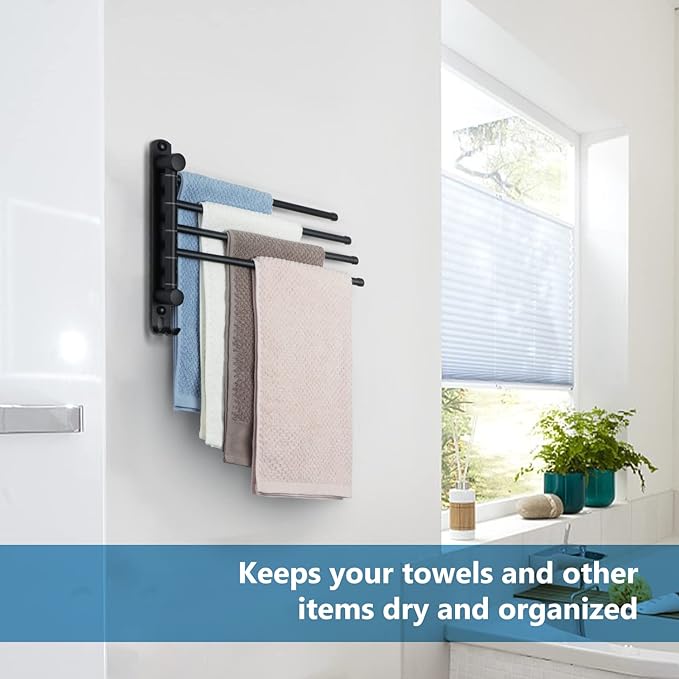 Black Towel Rack JSVER Swivel Towel Rack Wall Mounted, SUS304 Stainless Steel Towel Bar, 4 Arms Space Saving Towel Holder, Towel Racks for Bathroom