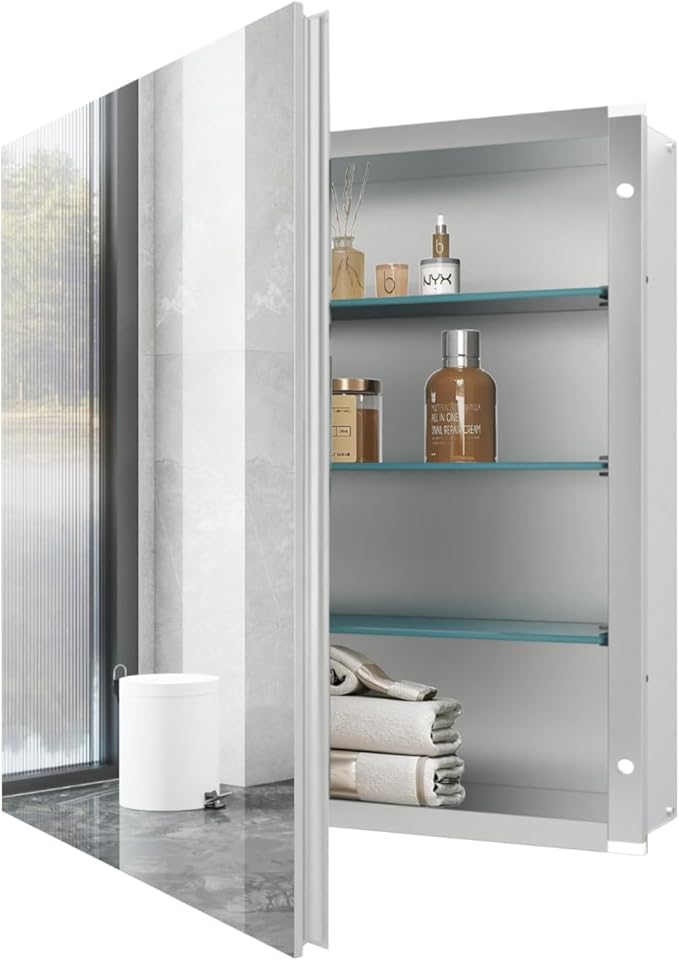 24x24 inch Medicine Cabinet Mirror with Storage, Aluminum Surface Mount or Recessed Medicine Cabinet with Adjustable Shelves for Bathroom Bedroom