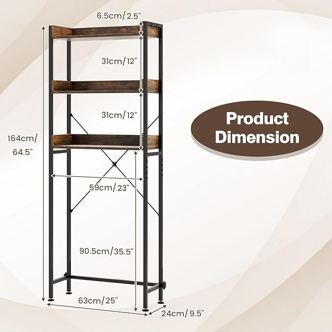 Giantex Over The Toilet Storage Rack, 3-Tier Bathroom Space Saver Organizer with Adjustable Bottom Bar to Fit Most Toilets, Freestanding Above Toilet Storage Rack, Easy Assembly (Brown + Black)