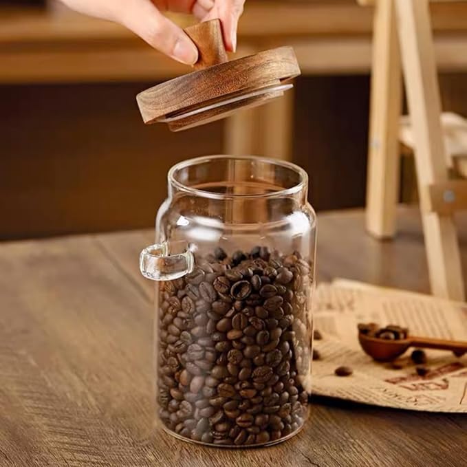 ANSQU Glass Jar with Wooden Lid and Spoon, 20.3oz Food Storage Containers Coffee Jar Coffee Grounds Container, Glass Food Storage Canister (1 Pack)