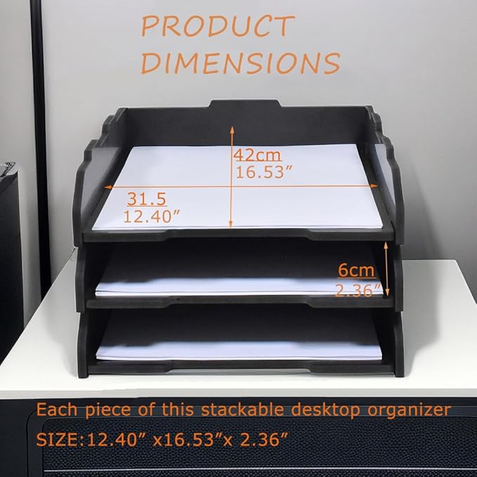 A3 Stackable Paper Tray, 3 Tier Desk File Organizer, Desktop Organizer for Office Supplies, File Storage, Letter Organizer /A3 Office File Folder,Home or Office School, White (Portrait-Black-3-Tier)