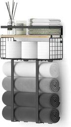 Towel Racks for Bathroom, Metal Towel Holder with Storage Basket,Wall Towel Rack for Rolled Towels, Towel Storage for Small Bathroom.
